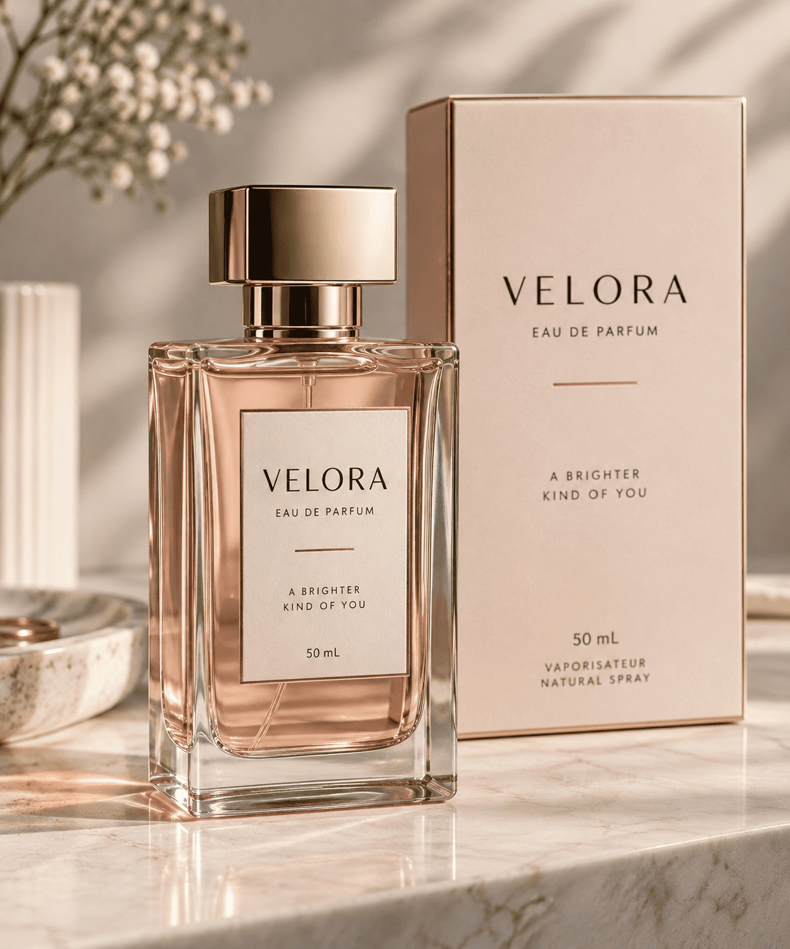 Velora bottle among flowers